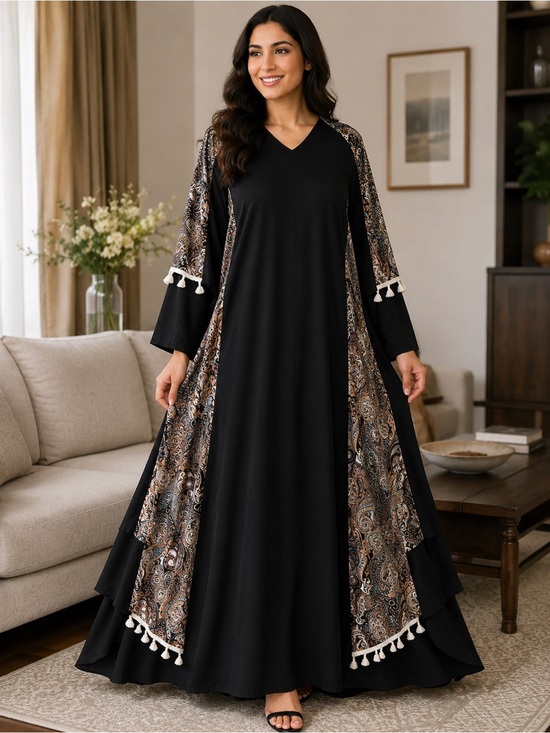 Unbranded Dresses & Skirts - Abaya Elegant Black Maxi Dress with Paisley Panels and Tassel Trim